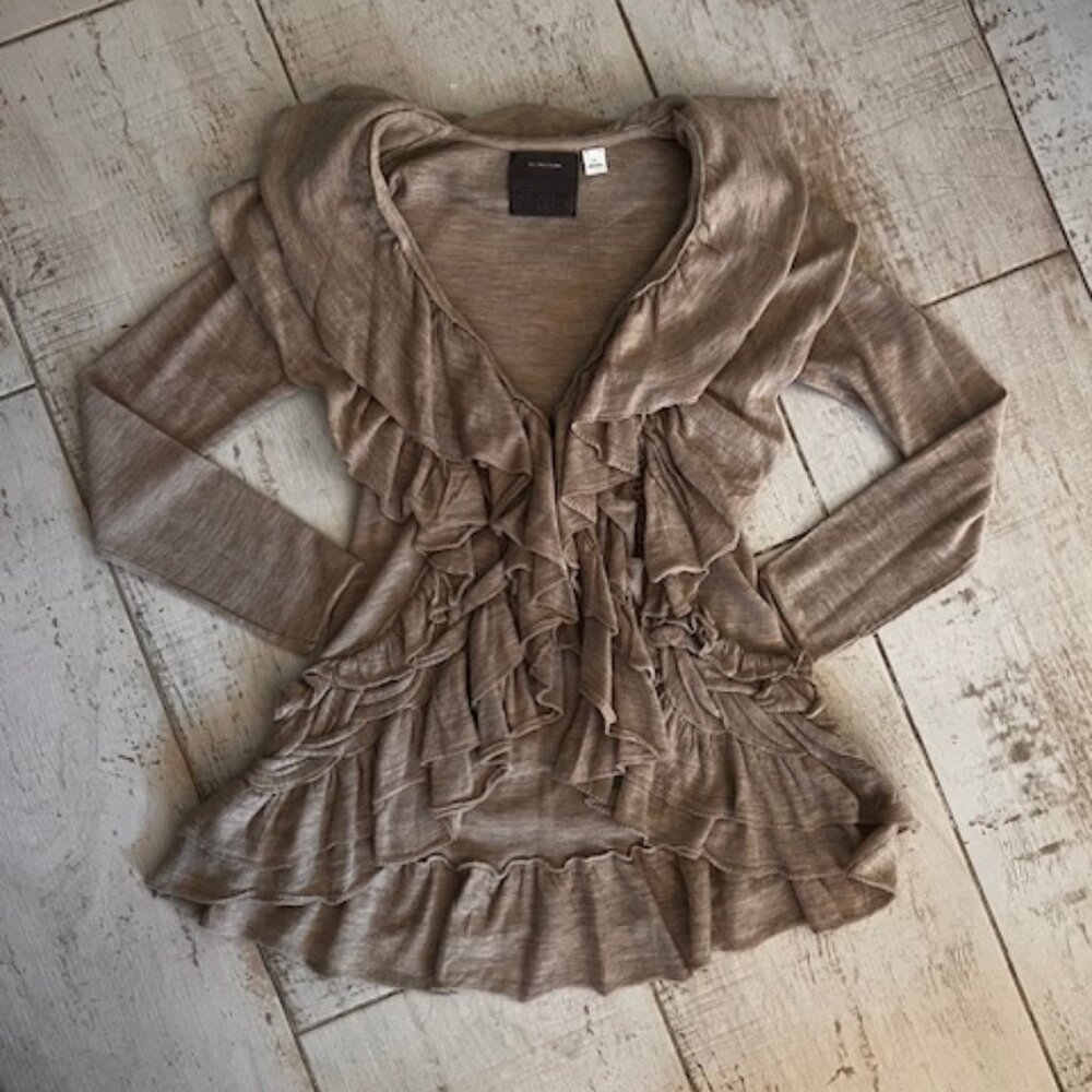 Women's Anthropologie Guinevere Knit Ruffled Tan Long Sleeve Shirt ~ size L